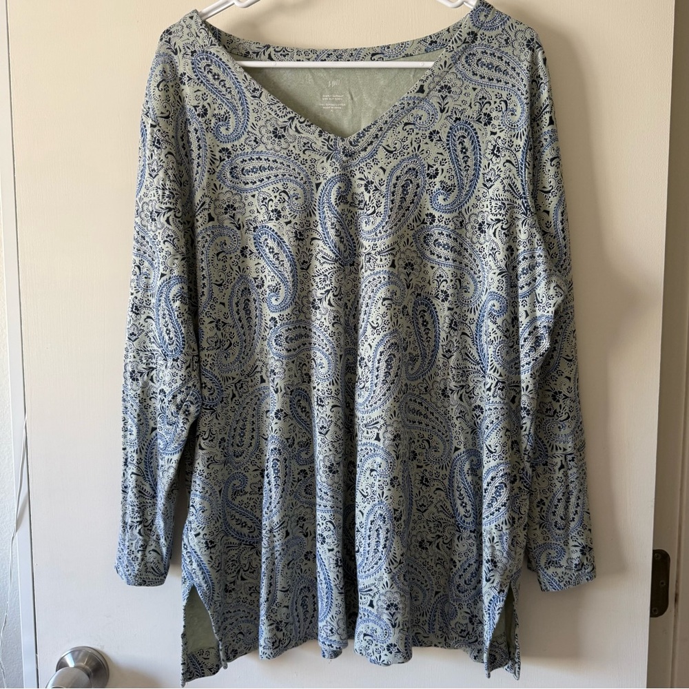 J Jill Simply Supima Cotton Paisley V Neck Tunic Women XL Long Sleeve Side Slit - Picture 9 of 10